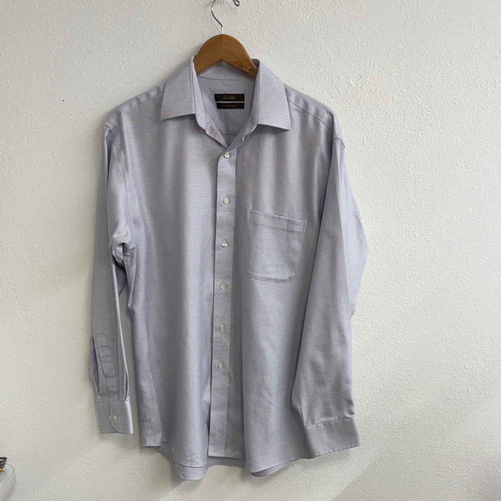Tasso Elba Men's blue and white print Dress Shirt iron free